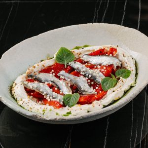 Печёные перцы с муссом из феты и крымским анчоусом